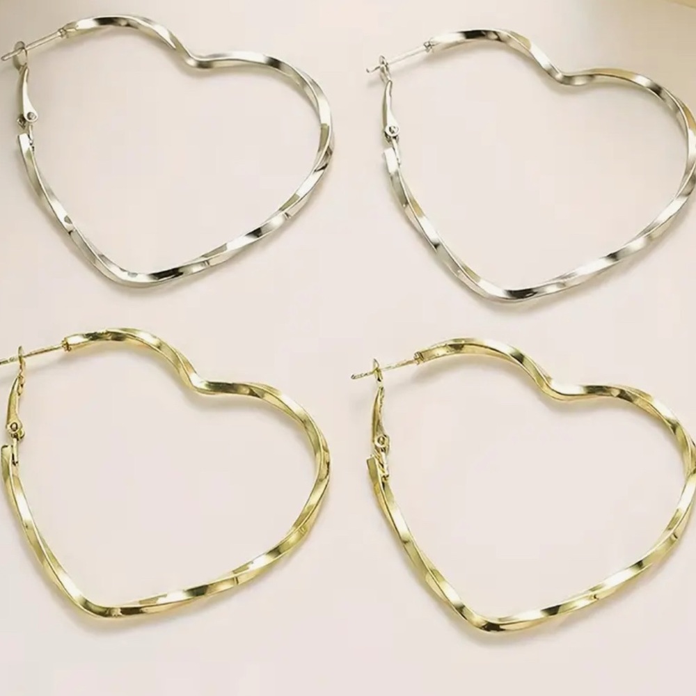 NEW 2 Pairs Valentines Day Heart Hoop Earrings Stainless Steel Gold & Silver